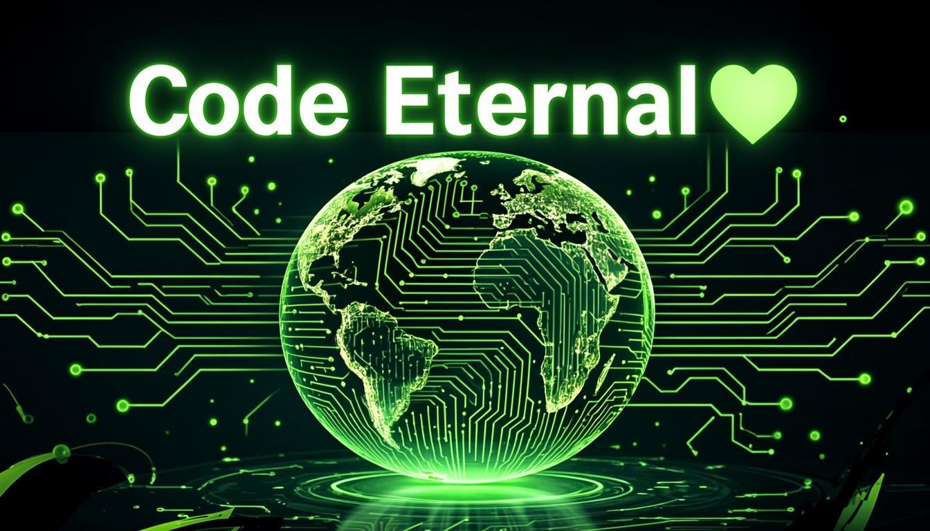 Code Eternal - Globe with diagrams and connected nodes